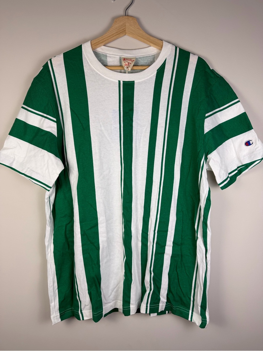 Champion White and Green Vertical Stripe T-Shirt